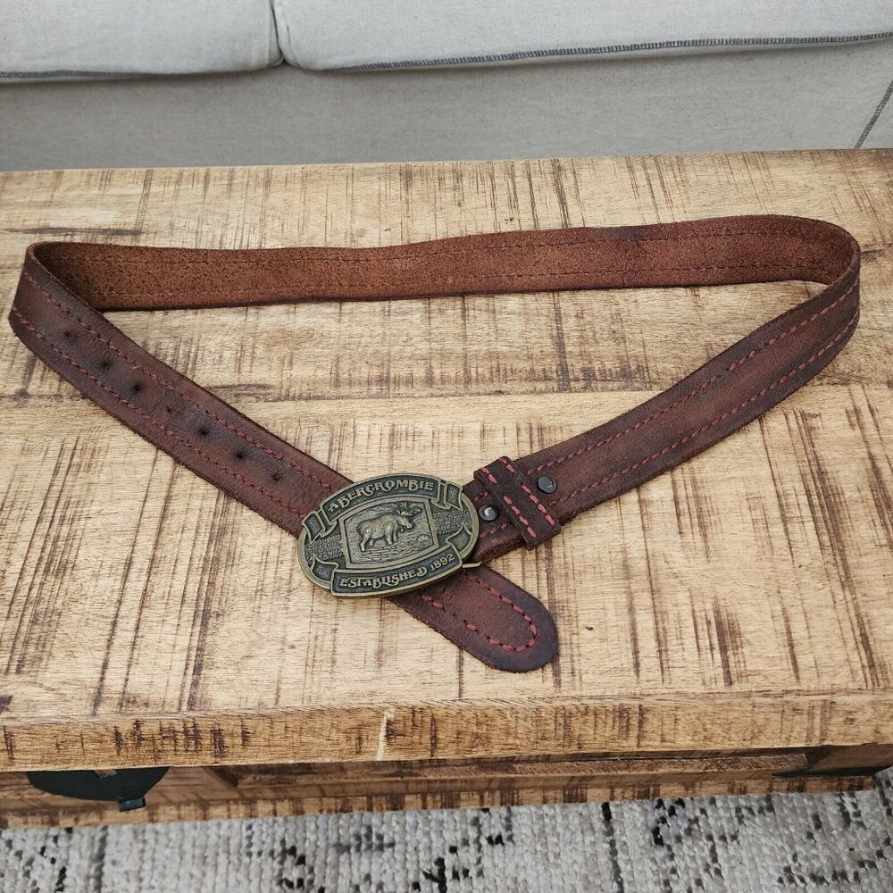Vintage Abercrombie & Fitch Moose Brass Belt Buckle Brown Leather 34 - Picture 5 of 8